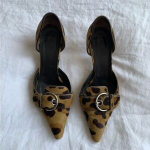 Vintage Prada Leopard Cheetah Calf Pony Hair Pointy Toe Buckle Mule Kitten Heels